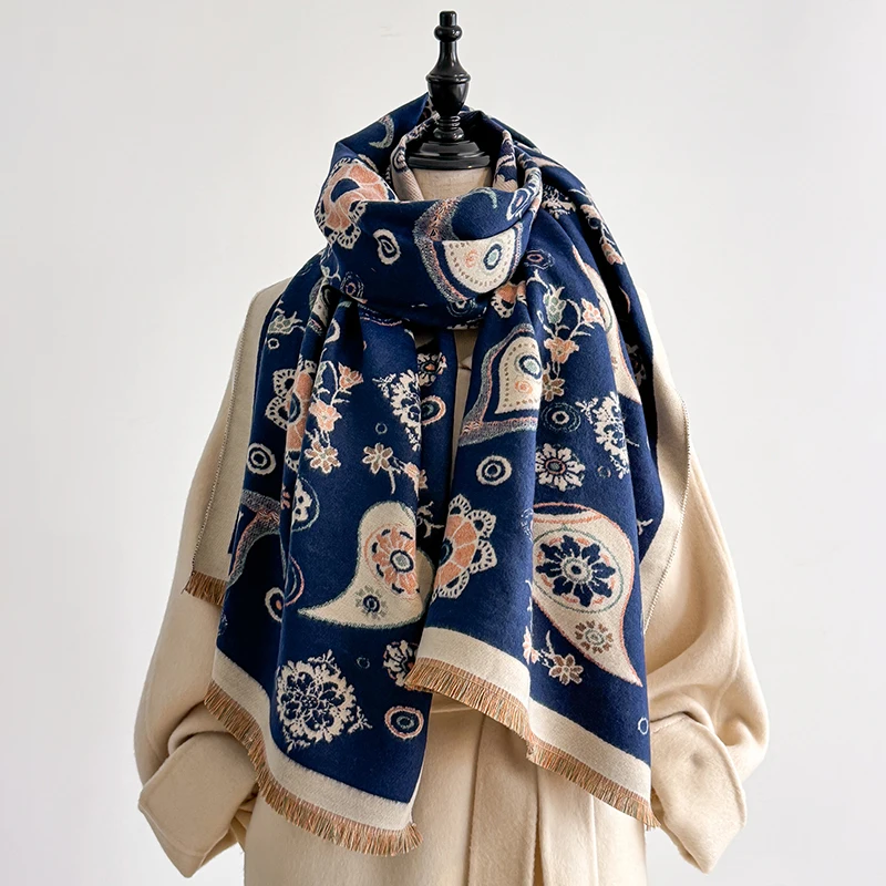 Women's Winter Fashion Faux Cashmere Scarf Vintage Floral Print With Tassels Thick Warm Shawl Trendy Wrap For Cold Weather