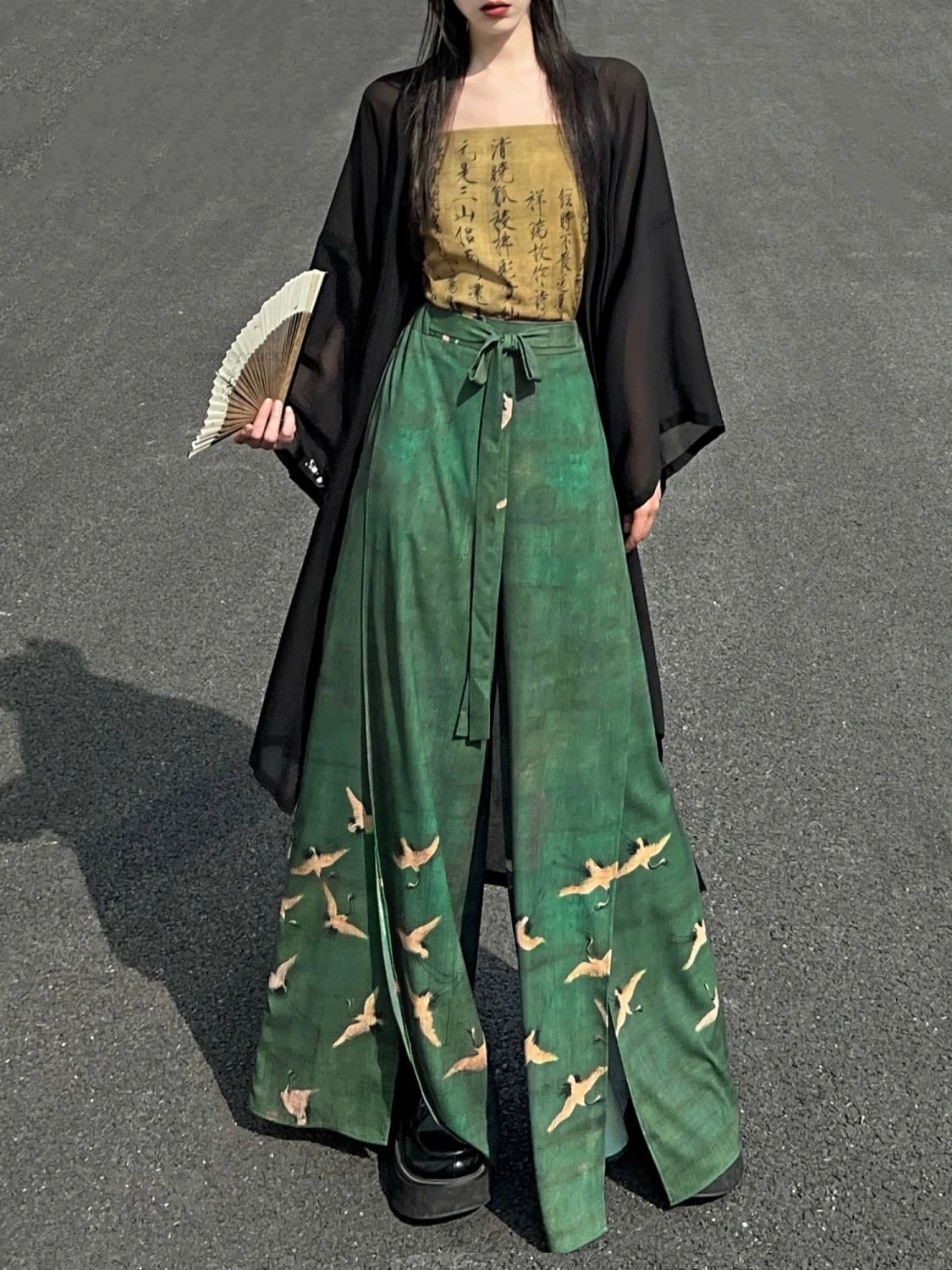 Chinese Ethnic Style Chiffon Print Wide-leg Pants Retro Waist Skirts Pants Casual Women's fashion improved hanfu Trousers