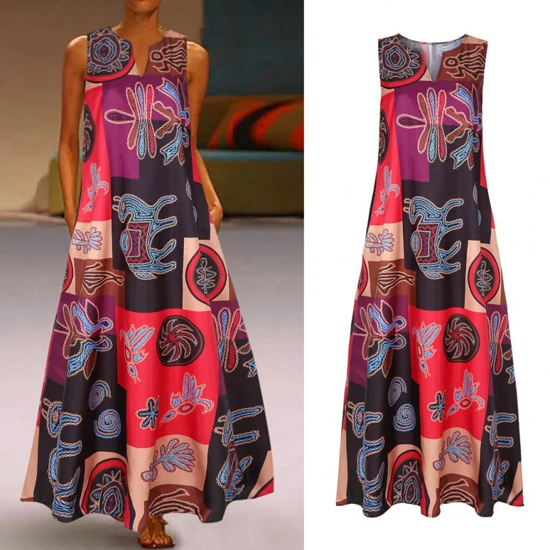 

Vintage Long Dress Cotton Linen Sleeveless New Print Elegantes Prom Evening Dresses Summer Fashion Clothing Vestidos Para Mujer