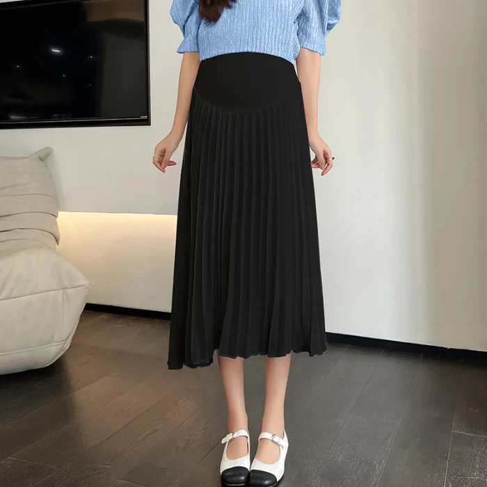 Y2k Summer Pleated Chiffon Maternity Skirts White Black Elastic Waist Belly Pants Clothes for Pregnant Women Youth Pregnancy