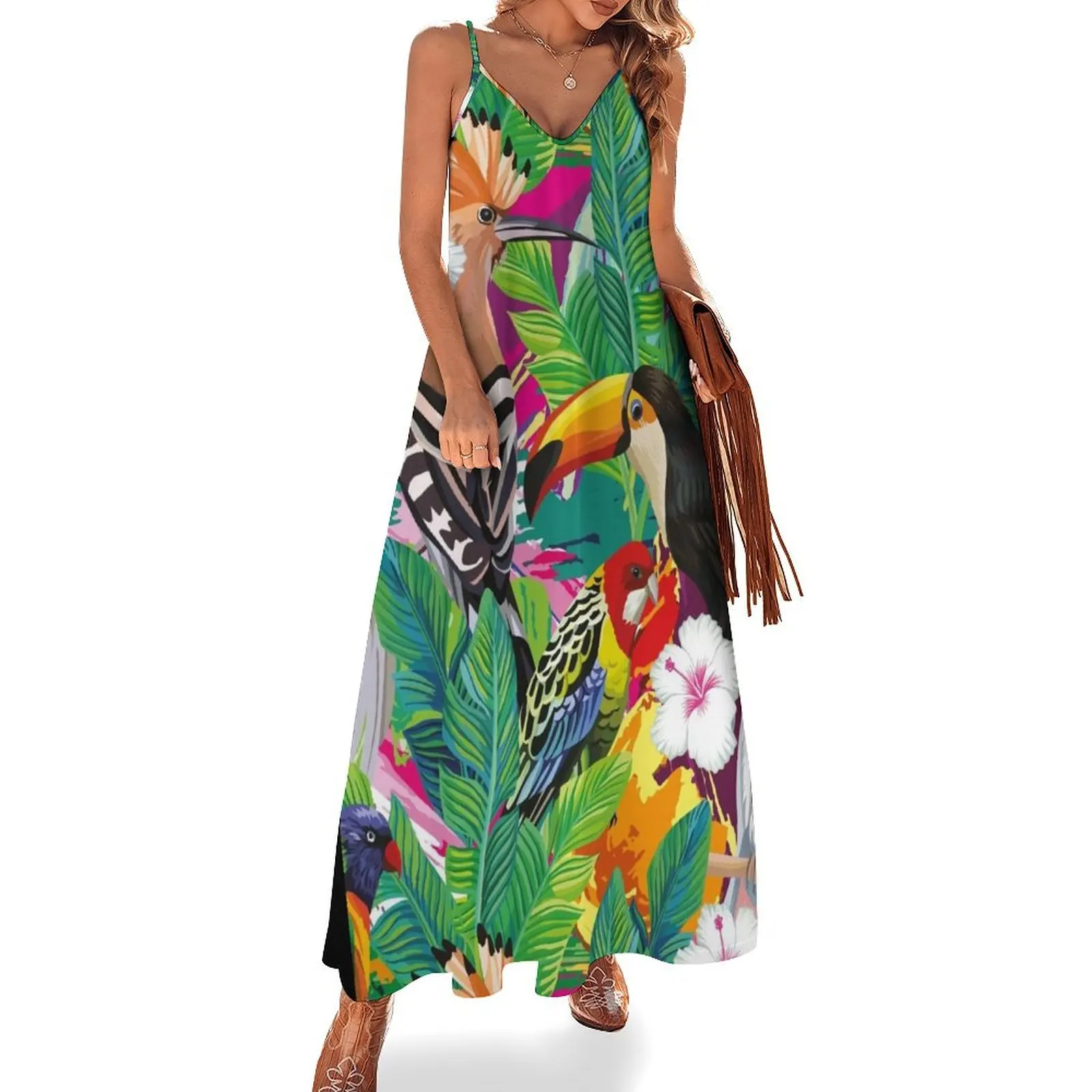 

Seamless Composition Tropical Bird Toucan Parrot Hoopoe Palm Leaves Sleeveless Dress Female dress Women's summer dresses