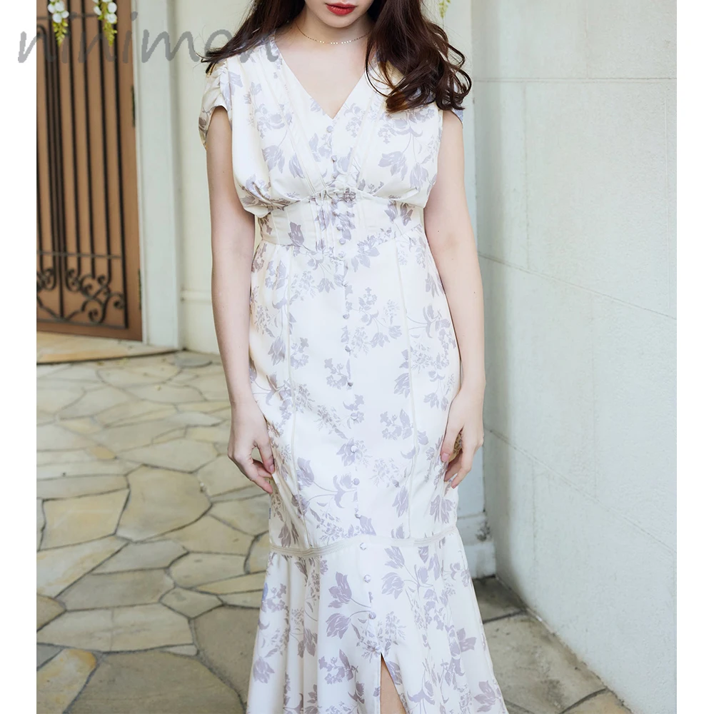 NINIMON Royal Garden Floral Dress V-neck Single Breasted Mermaid 
