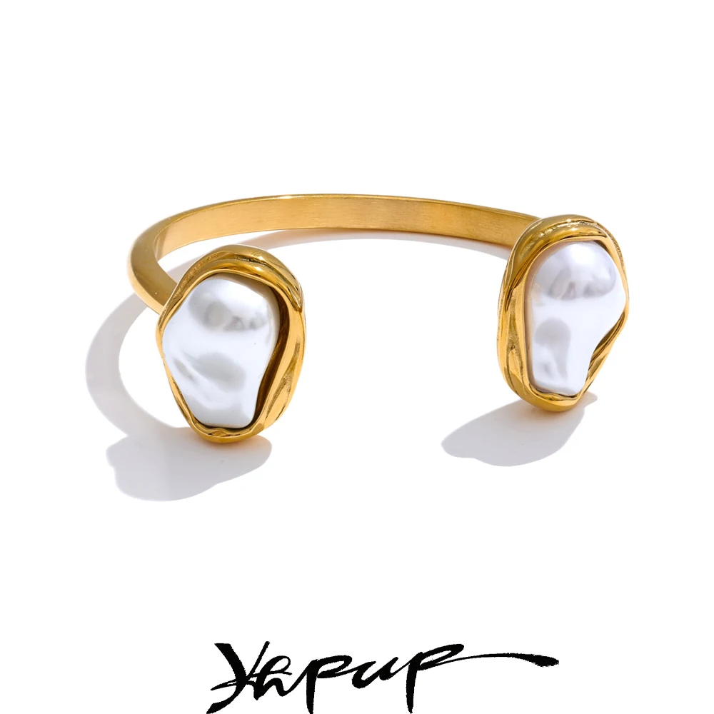 Yhpup 59mm Stainless Steel Baroque Simulated Pearls Cuff Bracelet