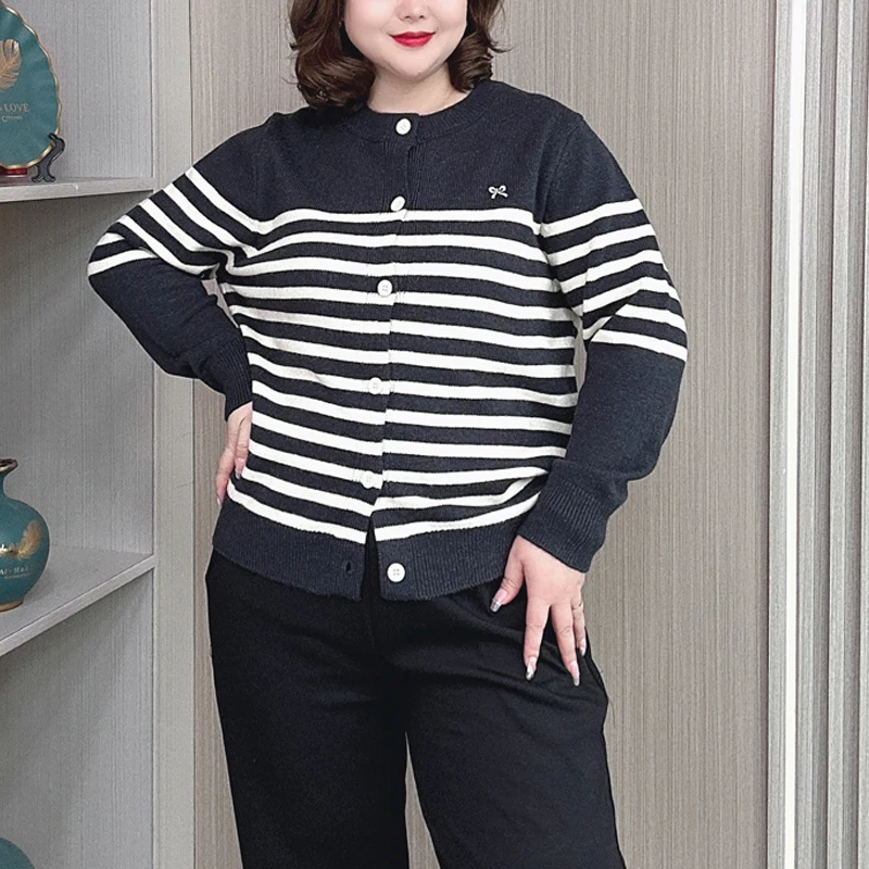 Women's O-Neck Long Sleeve Knitted Cardigan, Female Loose Embroidery Bow Jumpers, Autumn and Winter Wear, Plus Size Sweater, 389