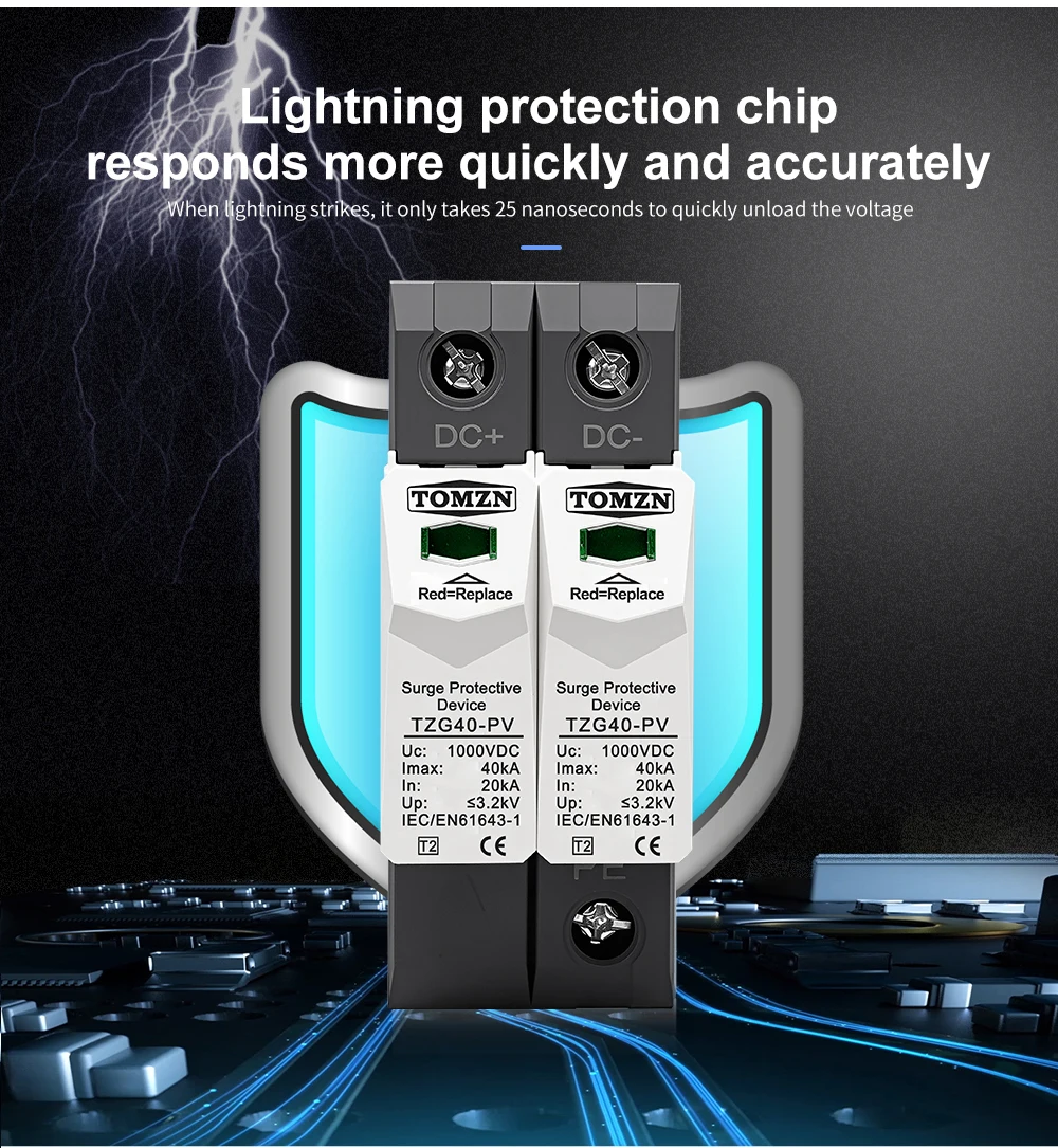 DC SPD 1000V 800V 600V 500V 20-40KA House Surge Protector Protective Low-voltage