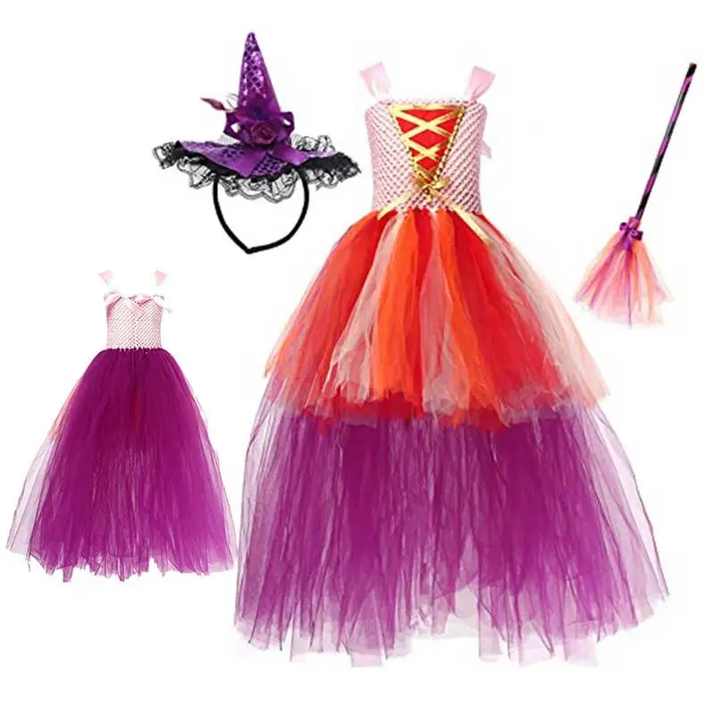 

Детское платье без рукавов, фатиновое платье для Хэллоуина с шляпой, костюм для косплея, фиолетовое платье с метлой, для тематических вечеринок