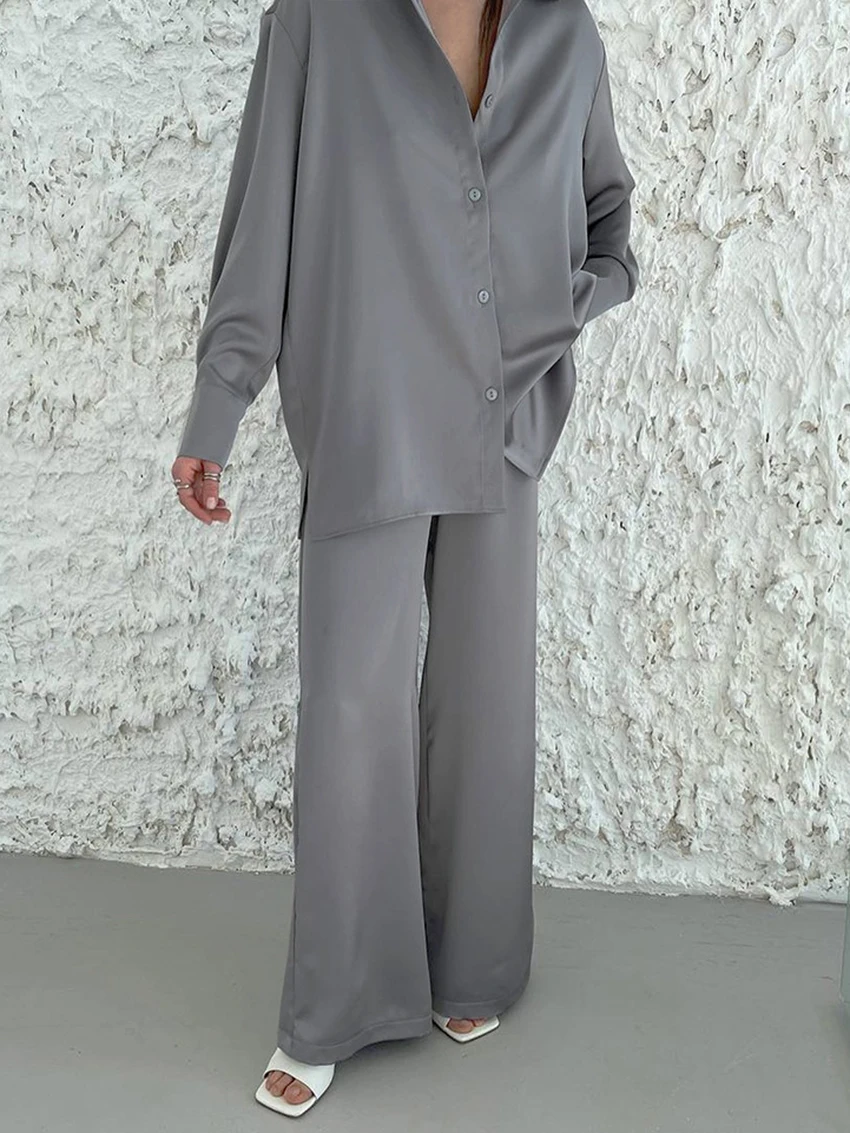 Marthaqiqi Casual Satin Femme Nightgowns Set Long Sleeve Nightwear Turn-Down Collar Sleepwear Wide Leg Pants Pajama 2 Piece Suit