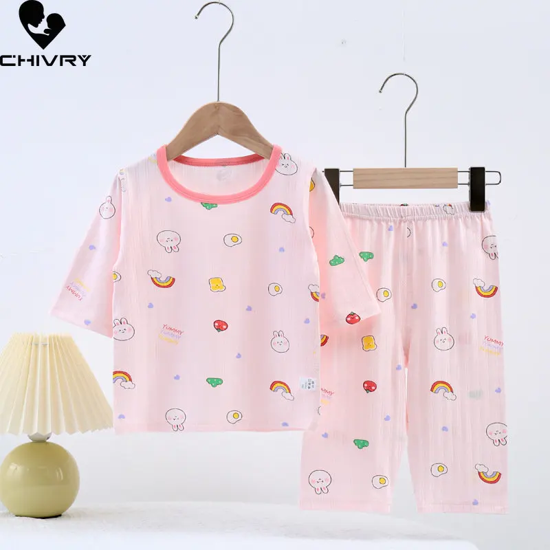 

Kids Summer Thin Silky Pajamas Sets New Boys Girls Cartoon Three-quarter Sleeve O-neck T Shirt Tops with Pants Baby Homewear