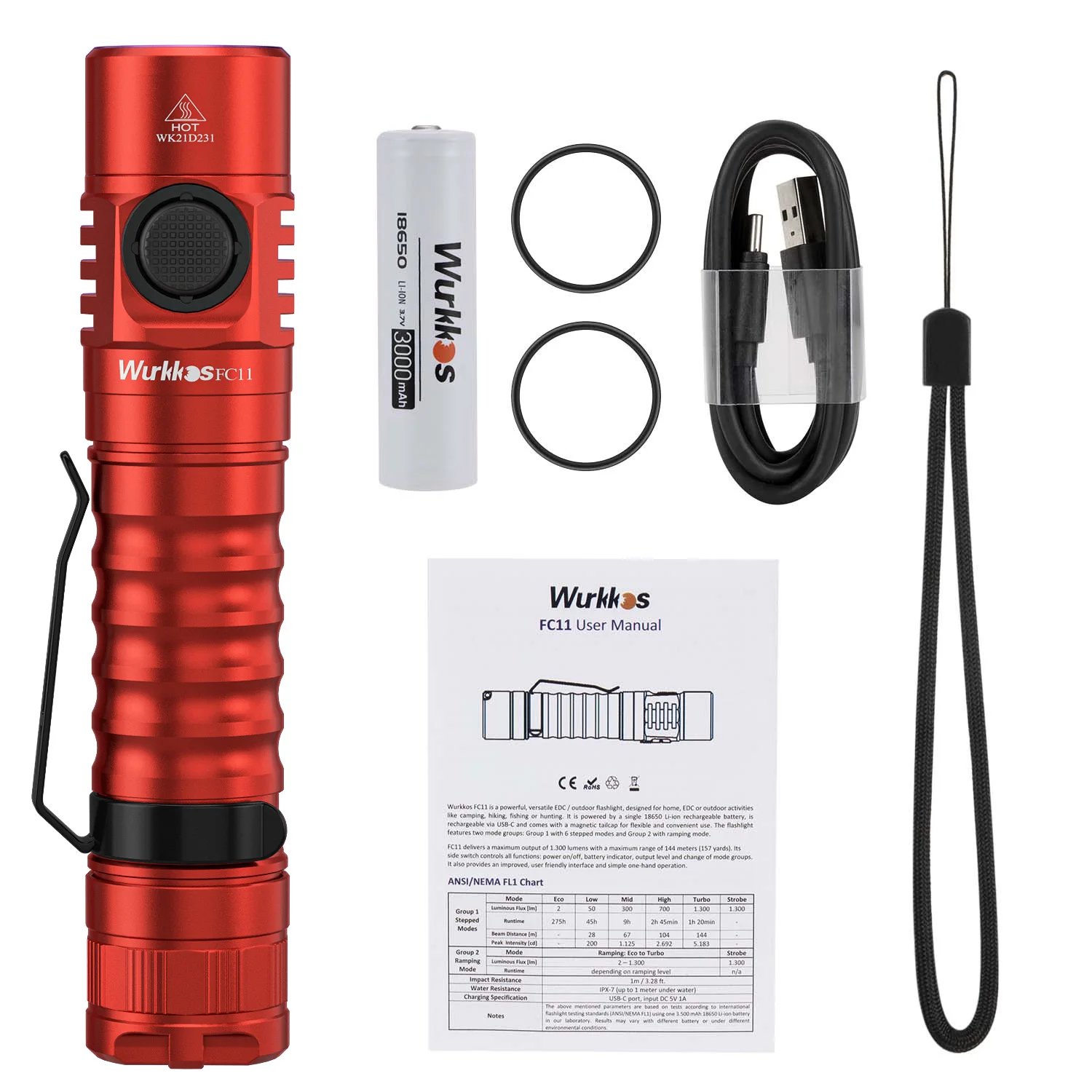 Wurkkos FC11 ̴  18650 LED 1300lm LH351D  Ʈ 90CRI USB-C  ڱ  
