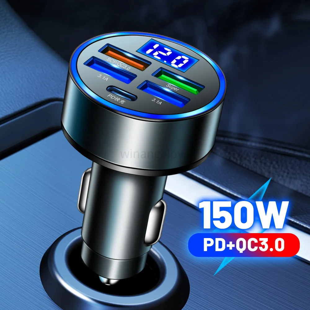 

10pcs 150W LED Car Charger 5 Ports Fast Charge PD QC3.0 USB C Car Phone Charger Type C Car For iphone Samsung Huawei Xiaomi