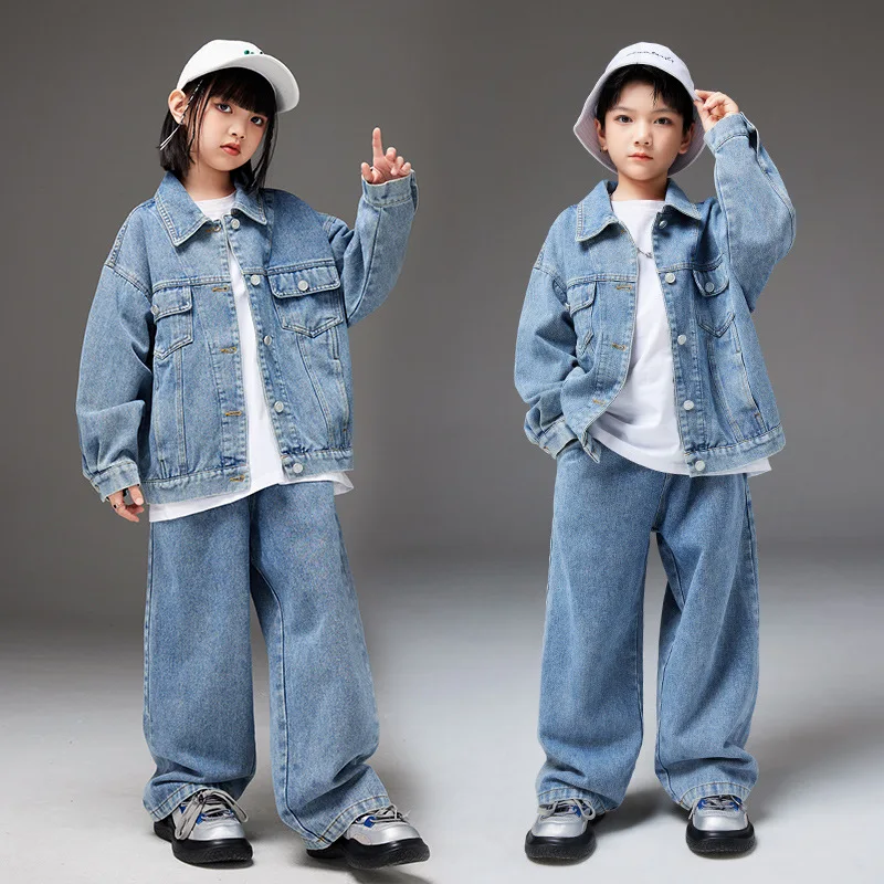 Children Denim Jacket Pants Hip Hop Suit for Girls Boys Kpop Outfit Jazz Performance Clothes Teen Ballroom Hip Hop Dance Costume