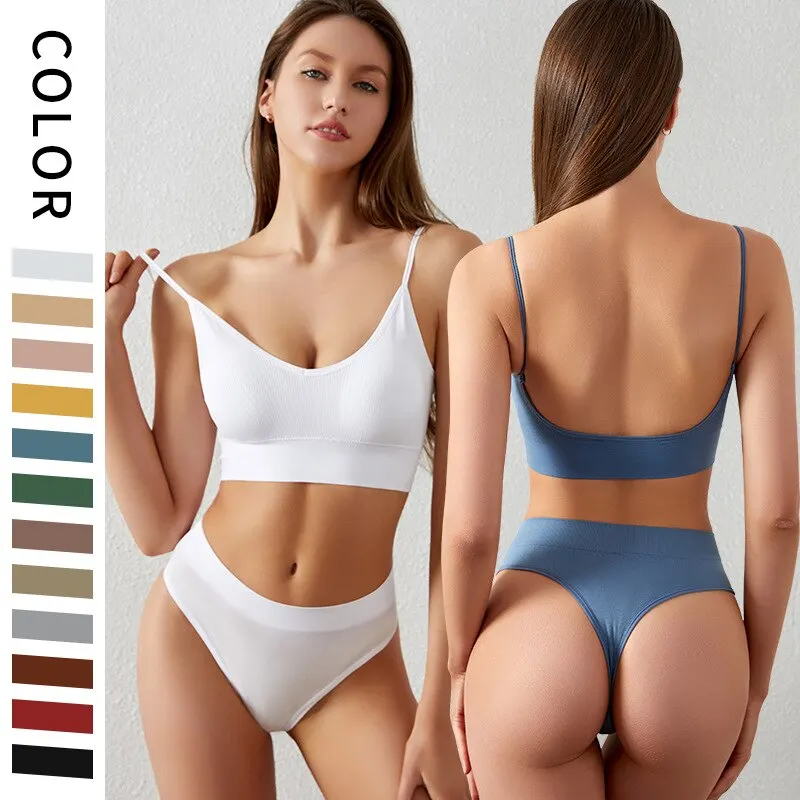 French Soft Padded Top Ladies Set Seamless Bra Thong Low Waist Panties Wireless Backless Bralette Underwear lady panties