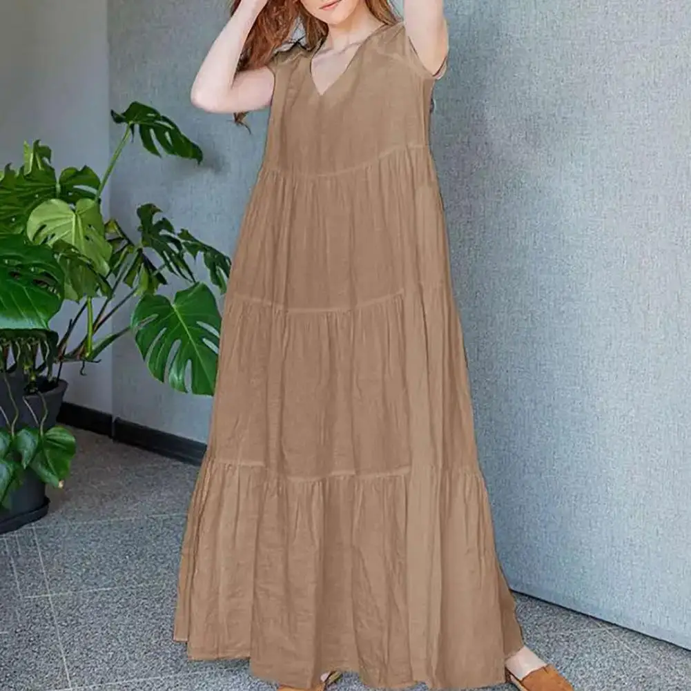 

Women A-line Dress Elegant Women's V Neck Maxi Dress With Ruffles For Parties Travel Stylish Summer Sundress With Fit Short