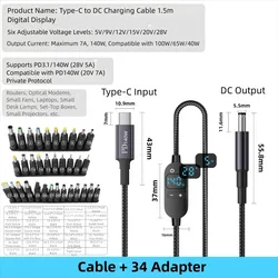 Universal USB - C to DC Power Cord with Digital Display and Multiple Voltage Settings (Cable - 34 Adapter)