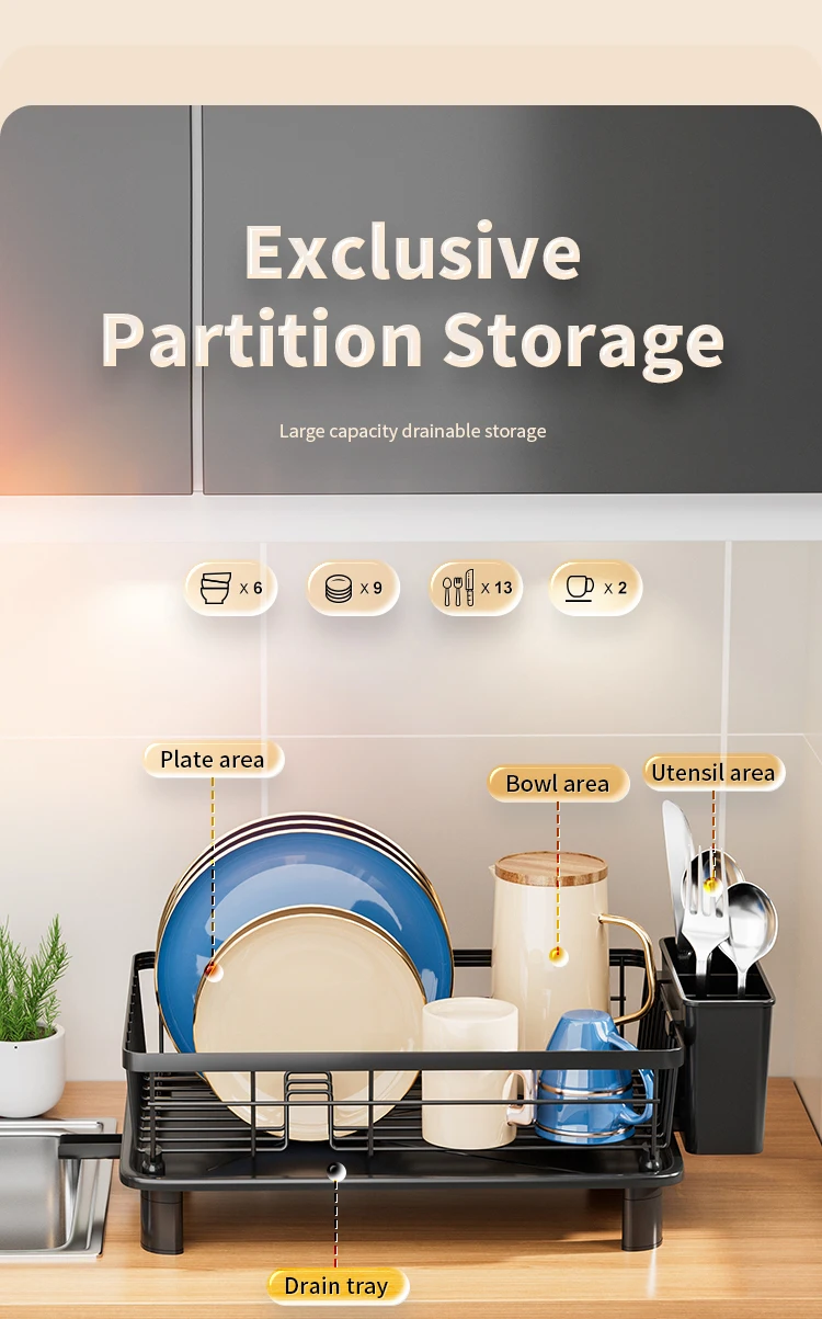 Description Picture 5 of item1pc Dish drying rack Kitchen countetop storage holder with drained board Dish&Bowl&tableware organizer Black White
