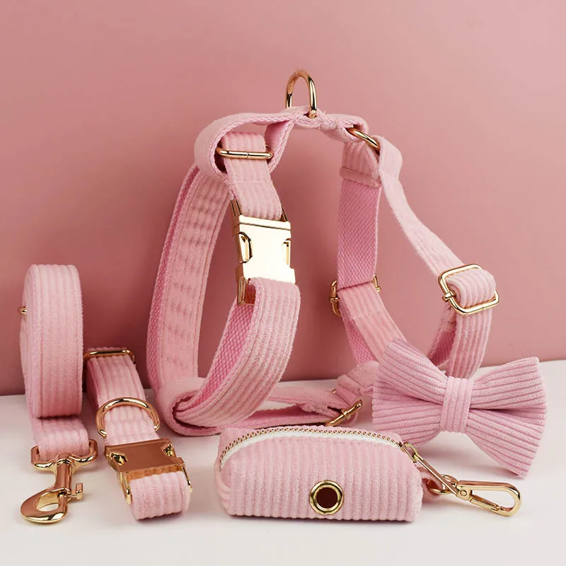 Pink Corduroy Dog Collar And Leash Set For Dogs Custom Engraved