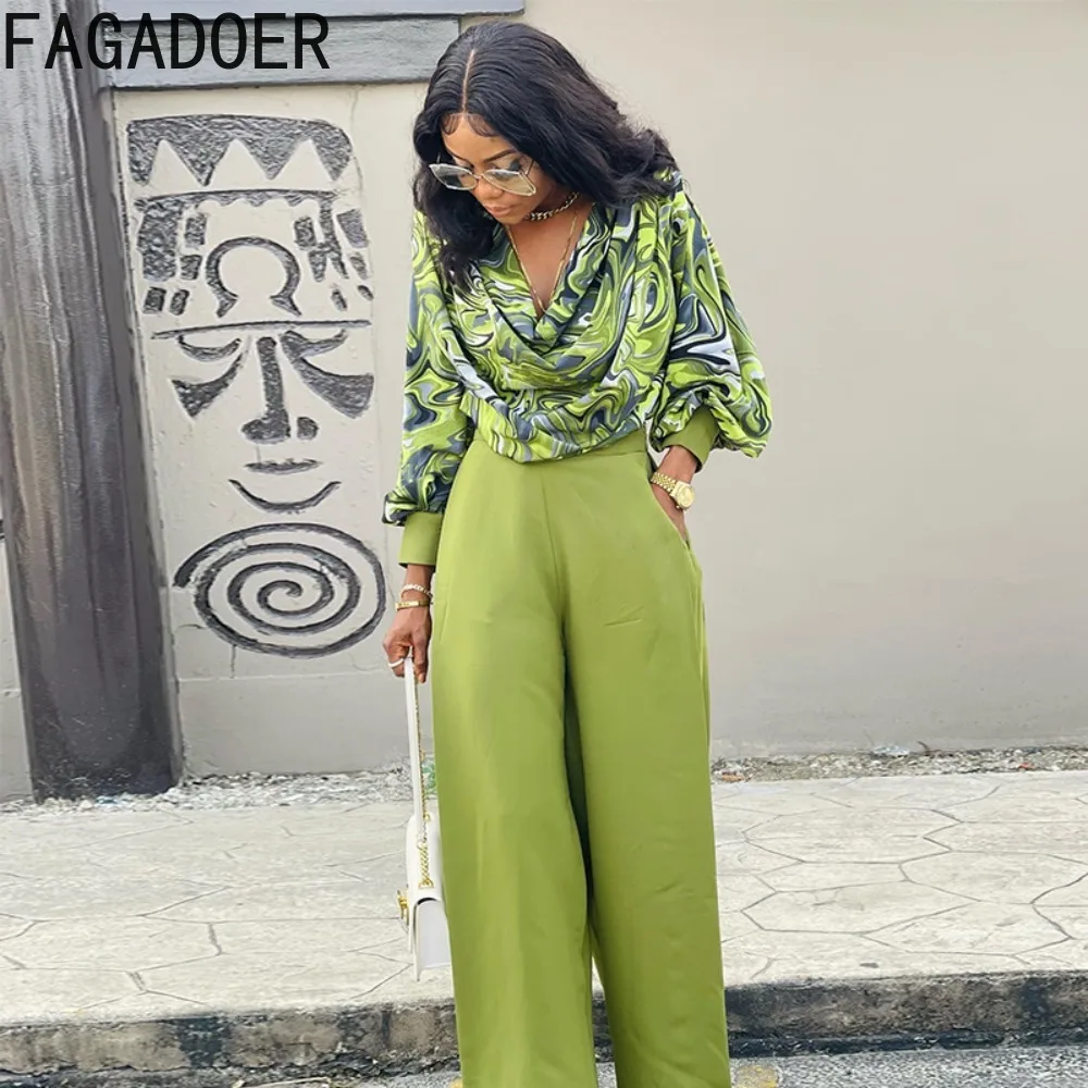 FAGADOER Elegant Lady Ruched Lantern Sleeve Top And Wide Leg Pants Two Piece Sets Casual Female Printing Matching OL 2pcs Outfit