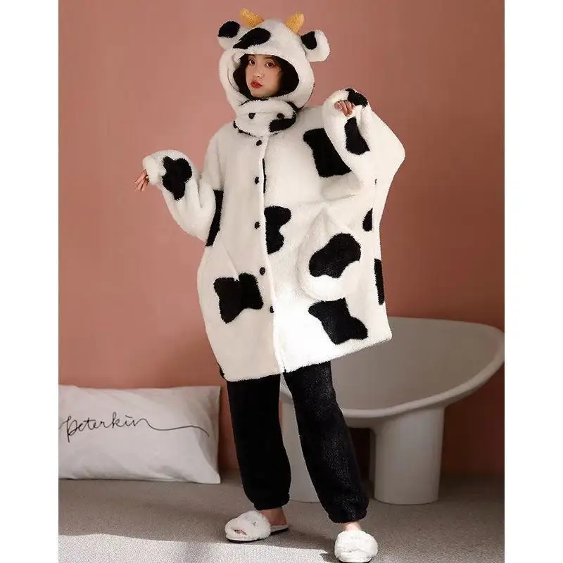 Women Sleepwear Thick Hooded Nightgown Kawaii Winter Robes Flannel Girls Animal Fleece Pajamas Female Cartoon Cow Home Clothes