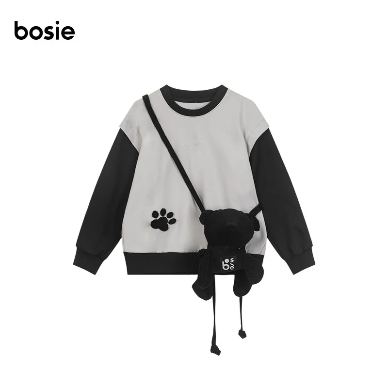 Bosie Kids2024 봄 새로운 아동복 어린이 후드 소년 소녀 느슨한 패치 워크 다재다능한 재미 후드 티