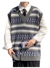 

2022NEW Privathinker Striped Sweater Vest Autumn Men's Loose Korean Style Sweater V-neck Outwear Sleeveless Harajuku Male