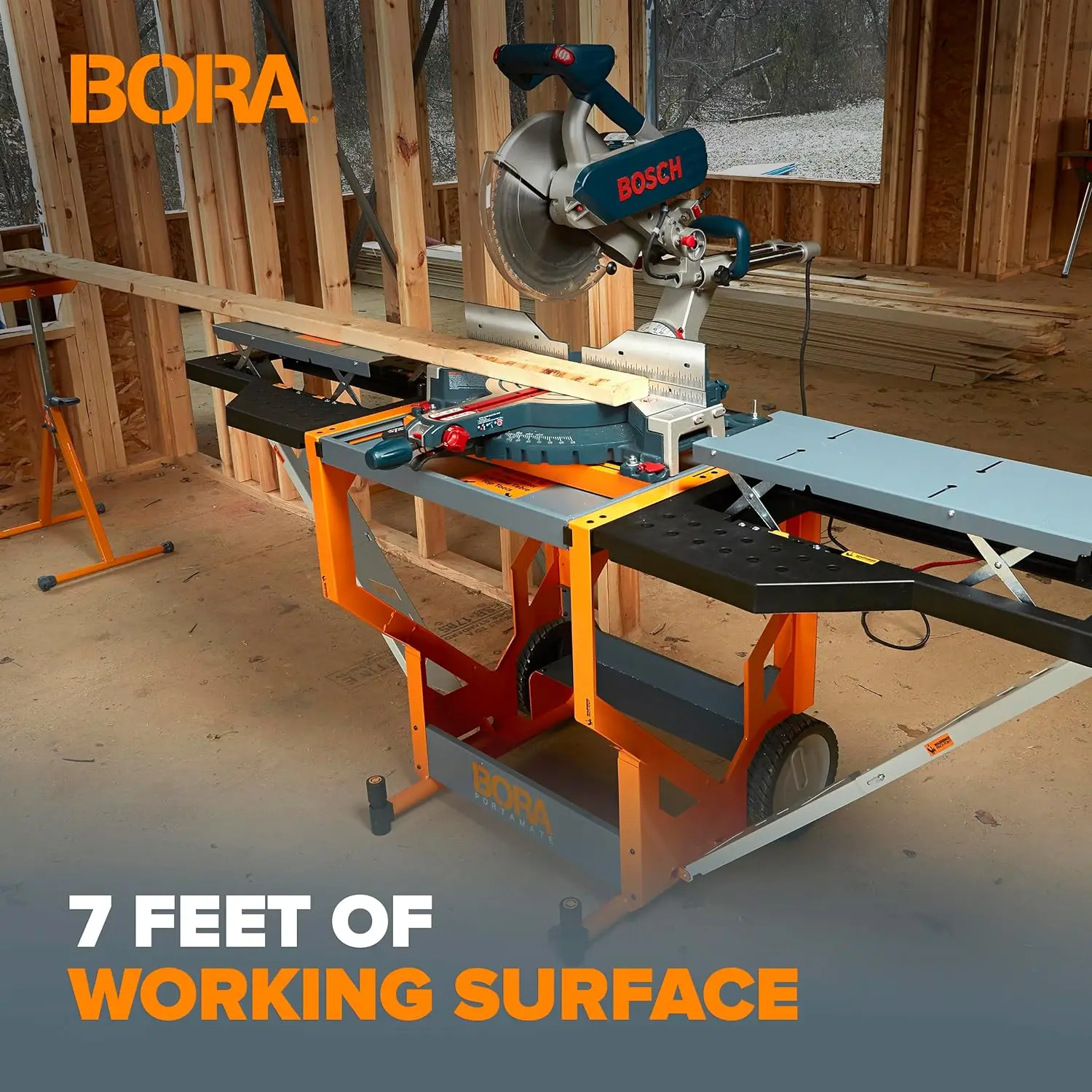 PM-8000 Miter Saw Stand Work Station Mobile Rolling Table Top Workbench Orange & Grey with Folding Wing Extensions Orange