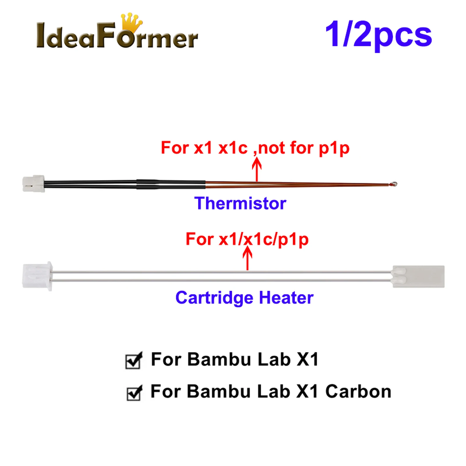 

IdeaFormer 1/2 шт. термистор и керамическая нагревательная пластина для Bambu Lab X1/X1-Carbon/P1P 3D принтер Hotend нагревательный картридж 24 В 48 Вт