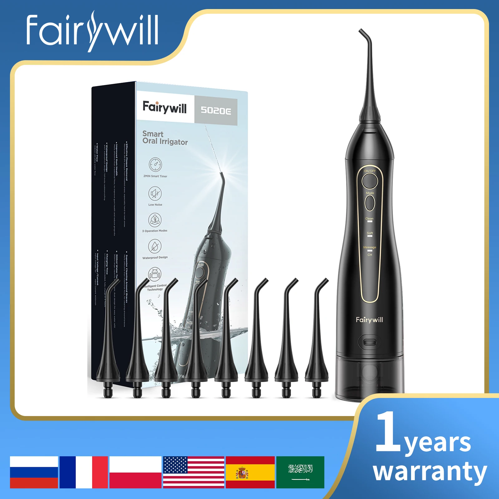 Oral Irrigator Fairywill 300ml Smart Portable USB Rechargeable Dental Water Flosser Jet Irrigator 3 Modes
