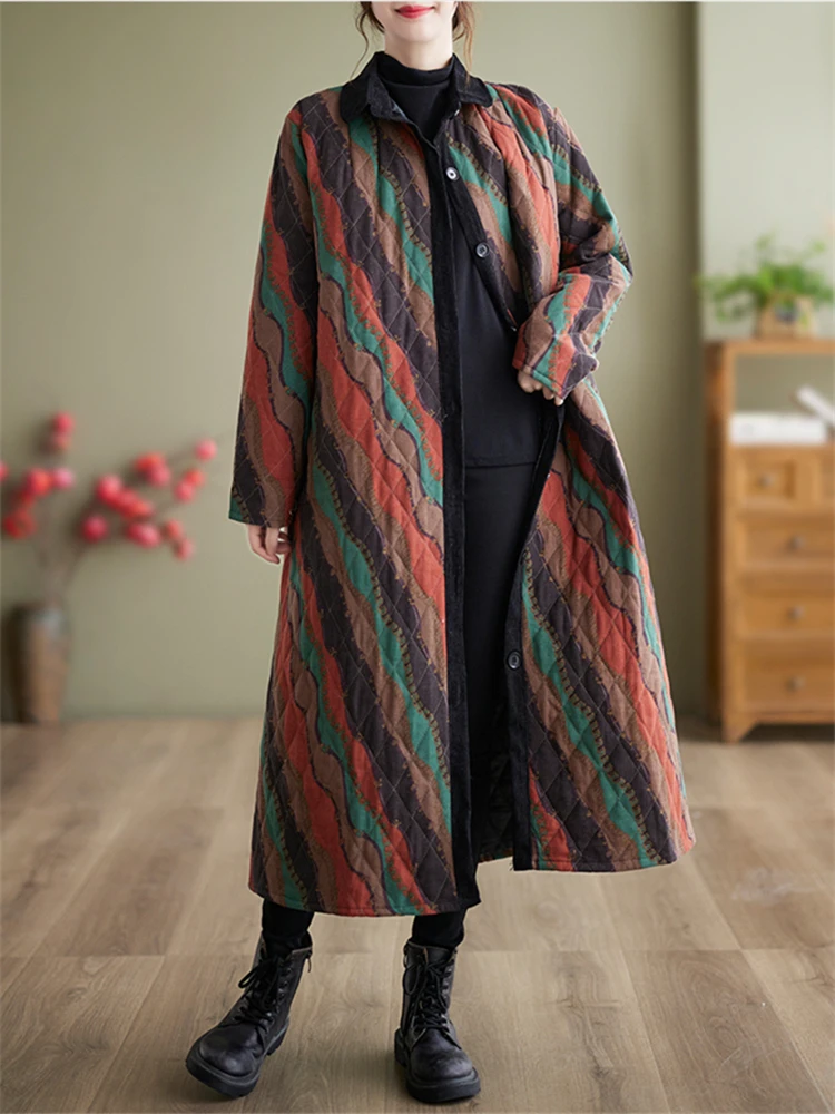 Winter Cotton Coat Ethnic Style Long Sleeve Vintage Single Breasted Women Patchwork Casual Loose Medium Length Striped Outerwear