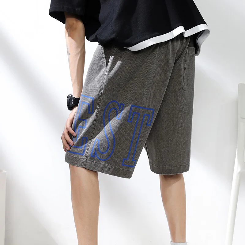 Men's Summer High Street Shorts Men Elastic Wash Pure Cotton Printing  Retro Sports Shorts Harajuku Baggy Joggers Swimming Short