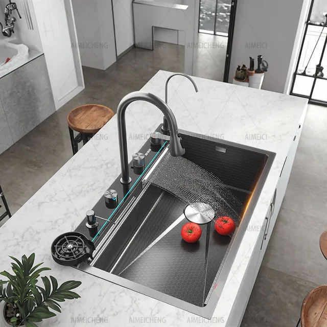 อ่างล้างจานน้ําตกสแตนเลสนูนช่องเดียวขนาดใหญ่พิเศษจอแสดงผลดิจิตอลอัจฉริยะอ่างล้างจานล้างจาน 1