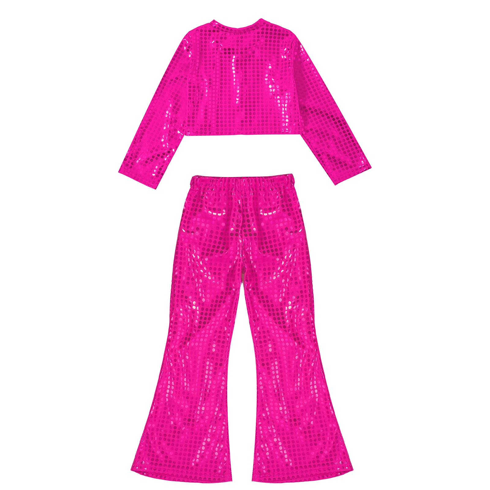 Children Girls Hip Hop Jazz Dance Stage Performance Costume Shiny Long Sleeve Crop Top with Bell-bottoms Pants Party Dancewear