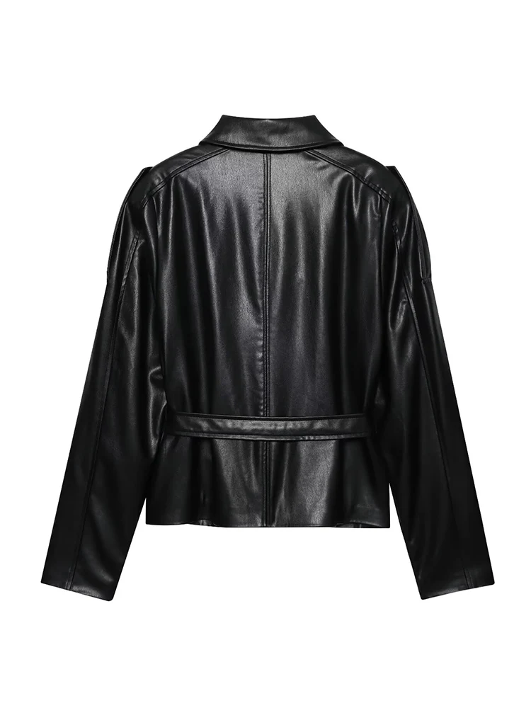 Women's Faux Leather Short Jacket Coat New Fall 2025 Solid Long-Sleeved Pu Leather Jacket With Pocket Vintage Belt Casual Jacket