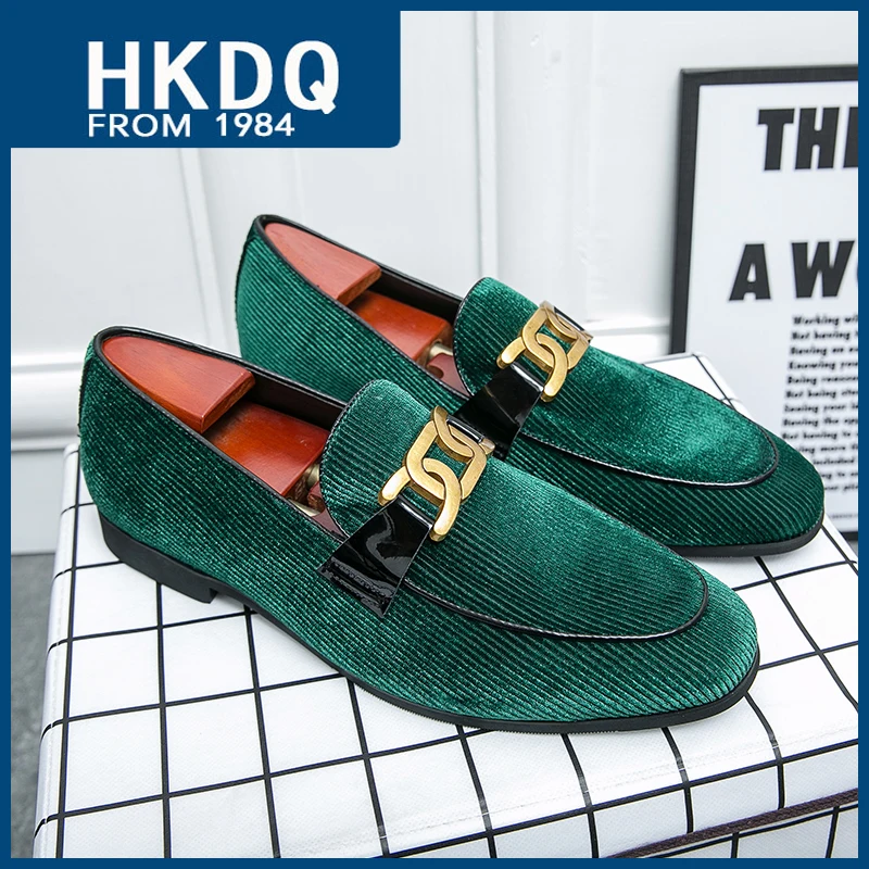 

HKDQ Corduroy Casual Dress Shoes For Men Trendy Green Slip-on Men's Social Shoes Moccasins Fashion Comfort Loafers Shoes For Men