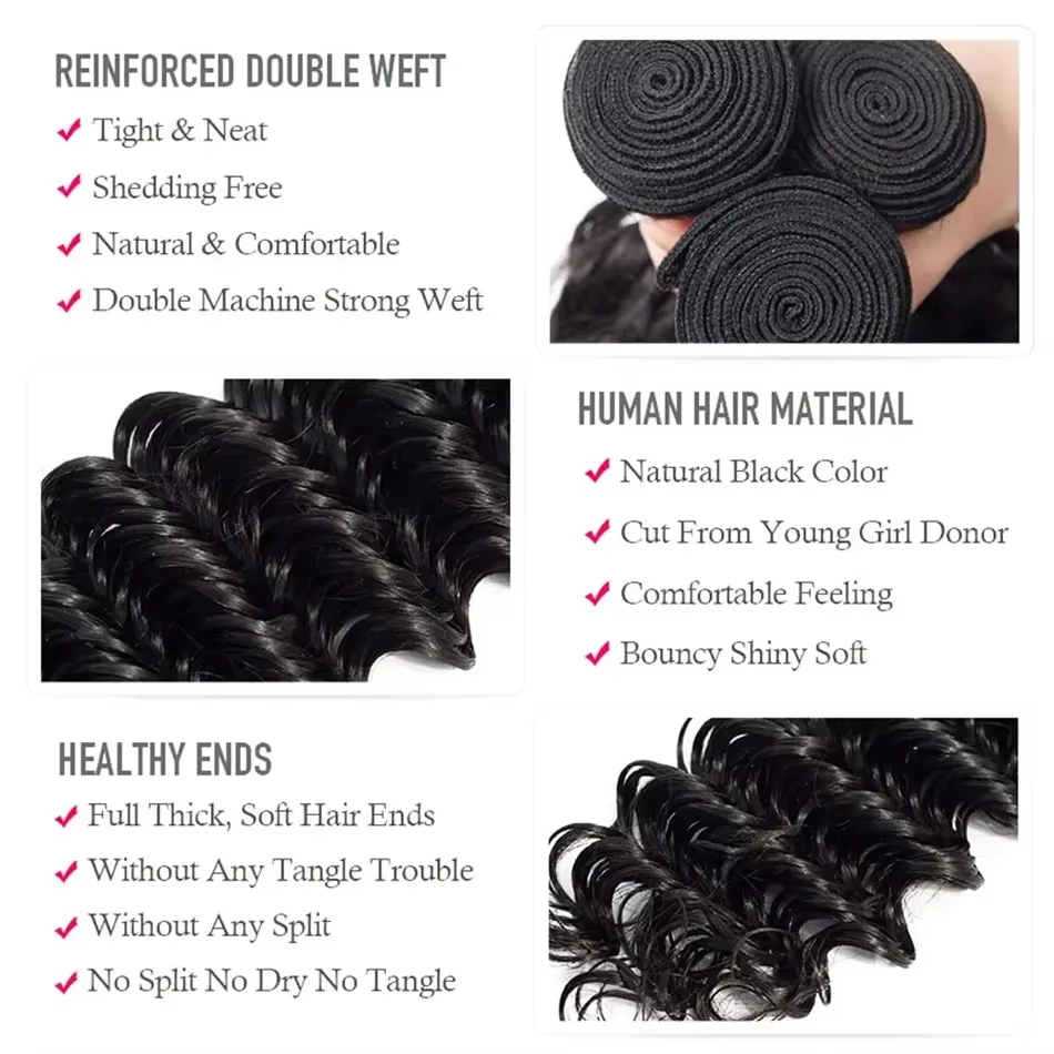 Human Hair Extensions Deep Wave Bundles 1/3 Pieces Raw Hair Human Natrual Doubles Weft Virgin For Black Women