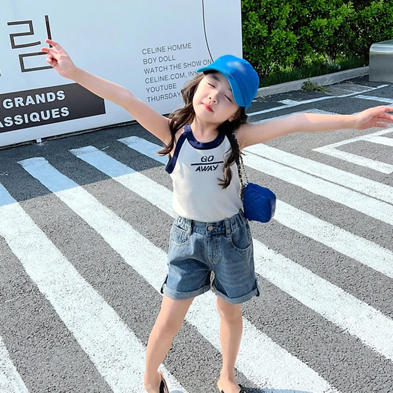 

Baby Girl Vest Top Trendy Knit Sling Tank Top Summer Sleeveless Kids Outfit Cotton Camisoles Letter Print Toddler Tees T-shirt