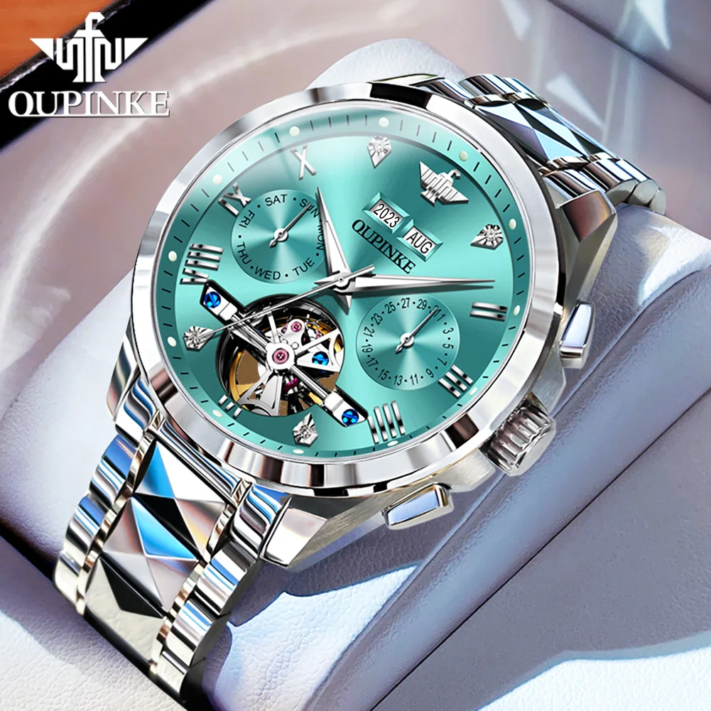 OUPINKE Original Automatic Watch for Men Blue Dial Mechanical Sapphire Crystal Waterproof Luminous Classic Skeleton Wristwatch