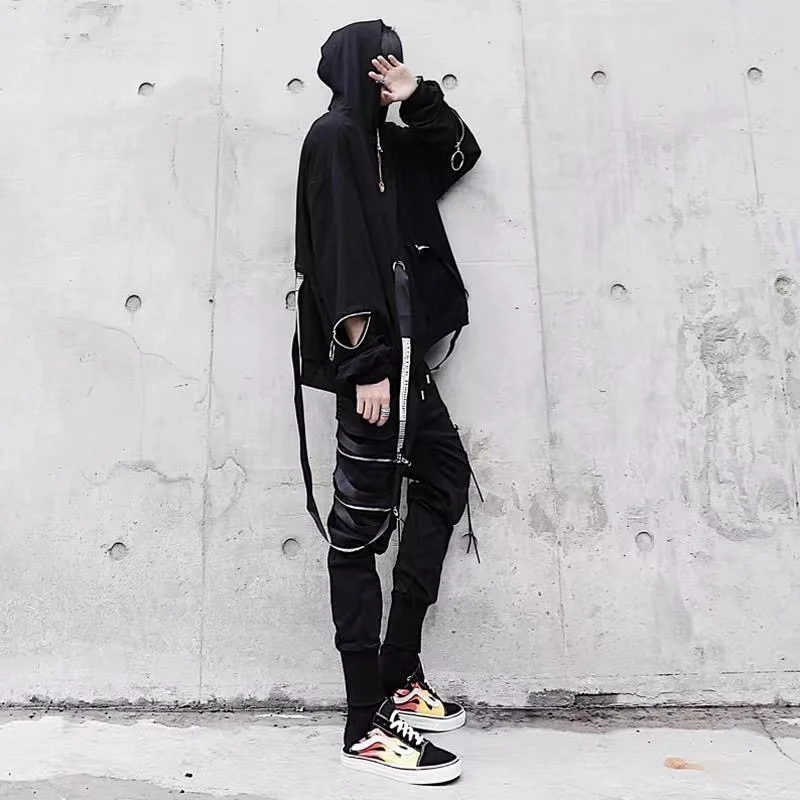 Men's Sets Black Hoodies+Pants Punk Graphic Zipper Hooded Sweatshirts Cargo Pant Men Oversized Loose Streetwear Suits 5
