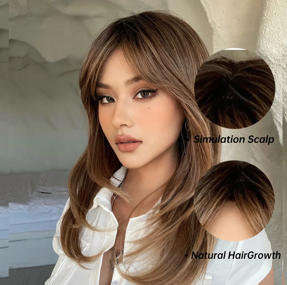 13&times;4 Darker Brown With Bangs Wig Dark Roots Lace Front Wig Layered Synthetic Free Middle Part High Quality Heat Resistant