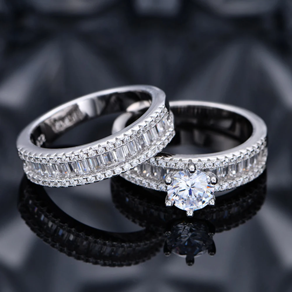 

S925 Silver Bridal Sets Rings Women Rectangle Row Diamond Ring Set Female 5A Zircon Advanced Design Luxury Jewelry Girl Wedding