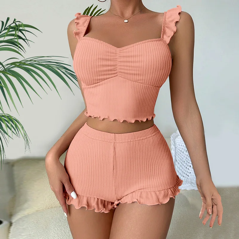 Pajama Set Small Flying Sleeves Sexy Halter Women's Pajama Pit Strip Halter Shorts Women's Pajama Simple Comfortable Home Wear