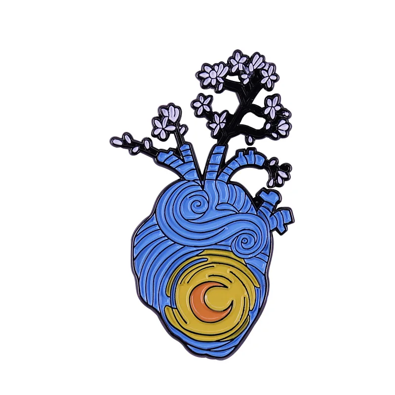 

Van Gogh Painting Starry Night Inspired Brooch Anatomical Heart Flower Badge Hard Enamel Pin