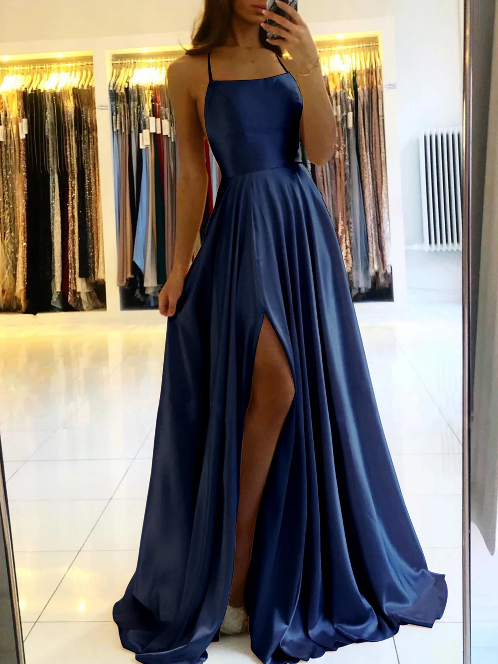 Evening dresses Ladies A-line Long Satin Evening Dress Women Simple Spaghetti Straps Sexy Slit Wedding Prom Party Gowns