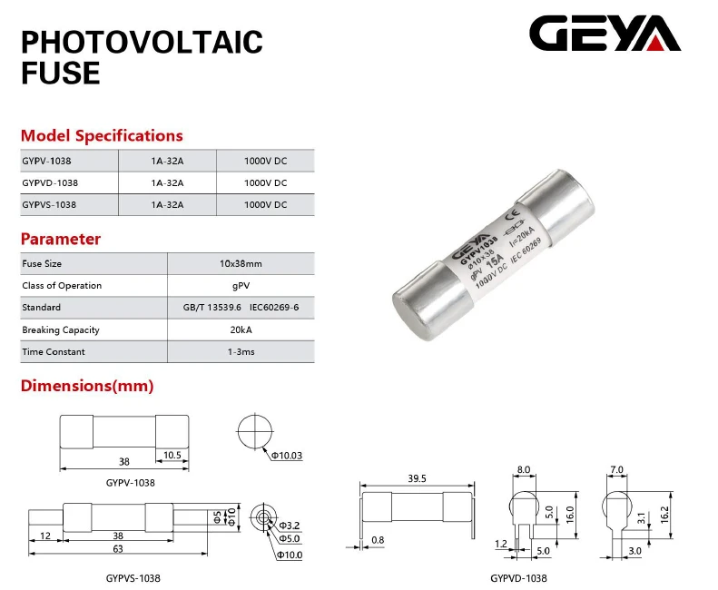 GEYA Porte-fusible Glong Photovoltaïque GYPV-32 avec 10*38mm Fusible Link 1000VDC Pipeline Snap10A 15A 20A 25A 30A DC Fusible