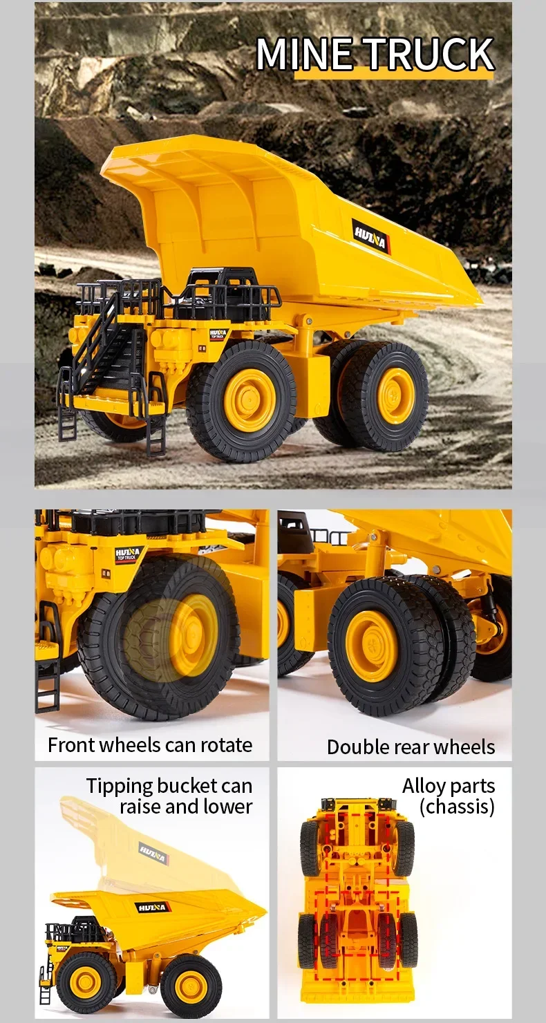 S115567c190ec49c4857a584dc265070f9 Huina Nowy produkt Statyczna koparka zrzutowa Symulacja pojazdu inżynieryjnego 1:35 Dekoracja zabawek dla dzieci Bez pilota
