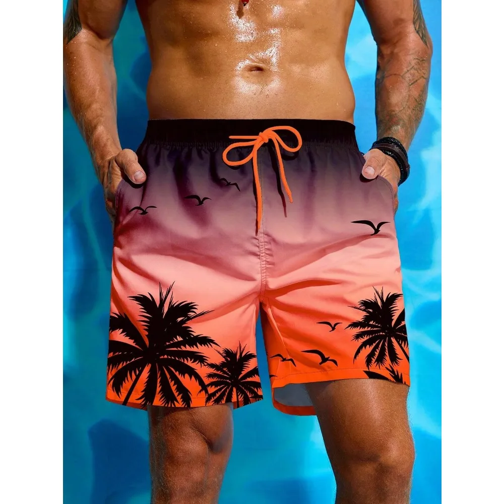Men's Palm Tree Shorts Summer Vacation Print Drawstring Waist Board Fashion Swim Trunks 3D Print Breathable Short Streetwear 4