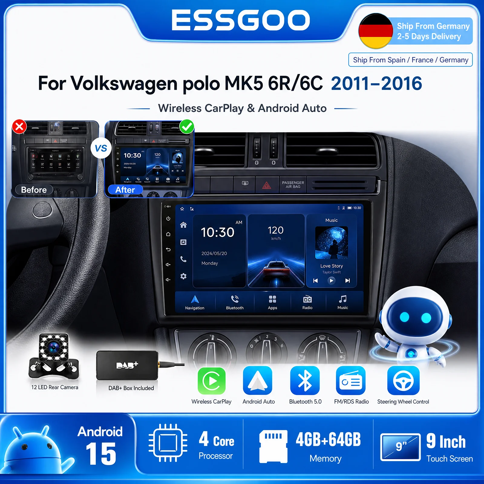 Radio para Auto ESSGOO con Android 15 y CarPlay Inalámbrico para Volkswagen Polo MK5 6R/6C-2011-2016, GPS, FM, WiFi, Pantalla Táctil, Multimedia, Video 1