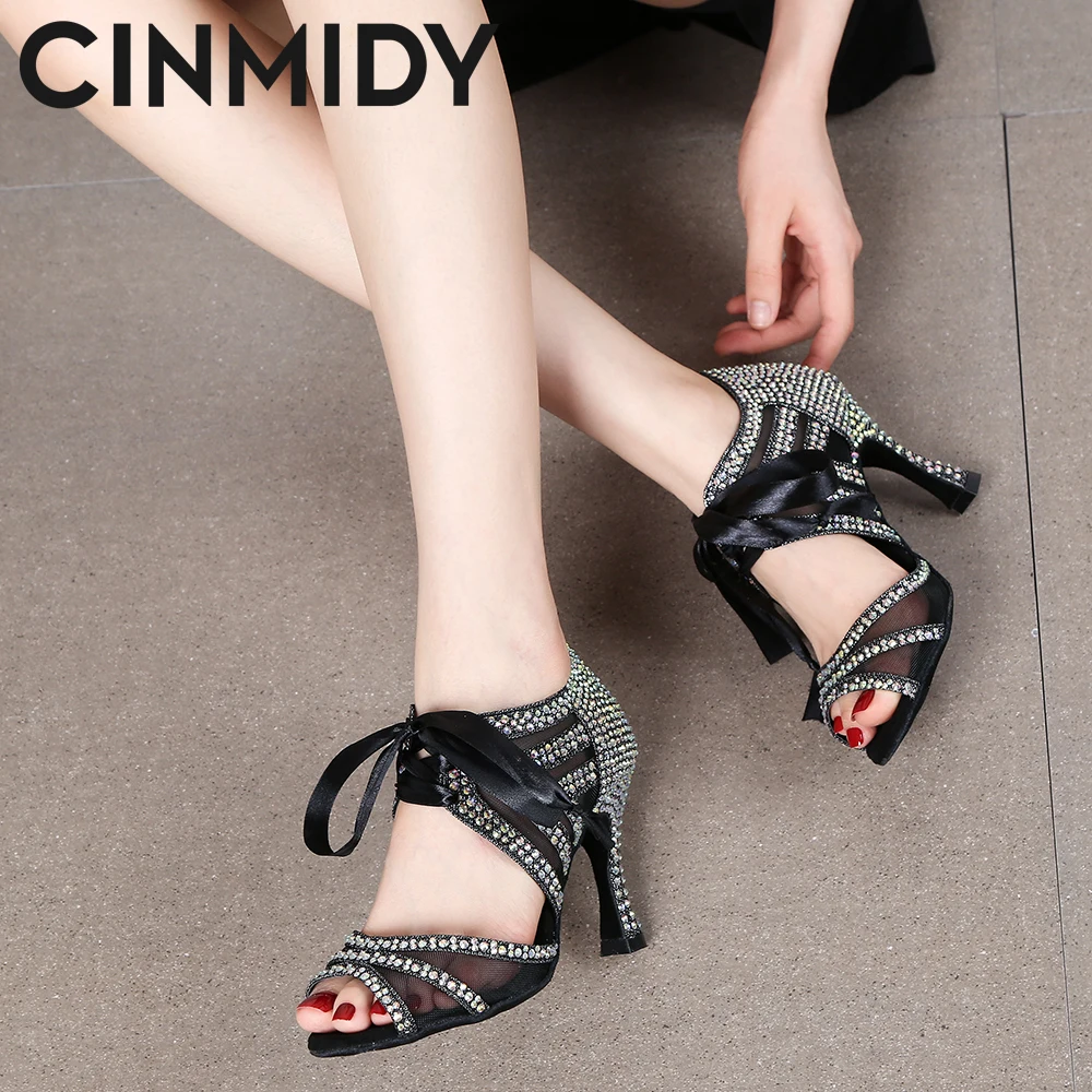 CINMIDY Ballroom Dance Shoes With Rhinestone Salsa Tango Shoes For Dancing High Heels Latin Dance Shoes Woman Indoor Sandals 6