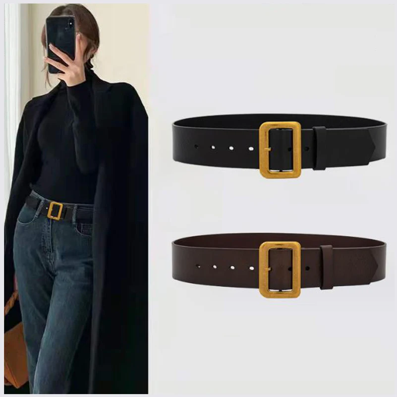 

Western Retro Square Gold Pin Buckle Cow Leather Women Cummerbund Fashion Joker Wide Belt With Dress Down Coat Suit Windbreak