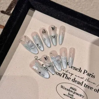 10PCS Cat Eye Blue Gradient Long Oval Handmade Press on Nail with 3D Butterfly Diamonds Sweet French Fake Nail Tips Art Wearable