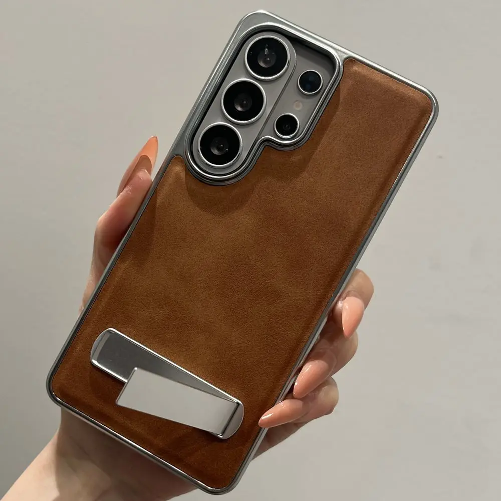 Ultra Plating Leather Foldable Metal Stand Shockproof Phone Case